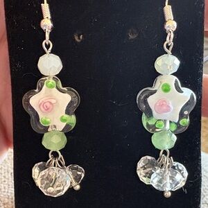 Hand Crafted Floral Crystal Earrings with Pink and Green Accents